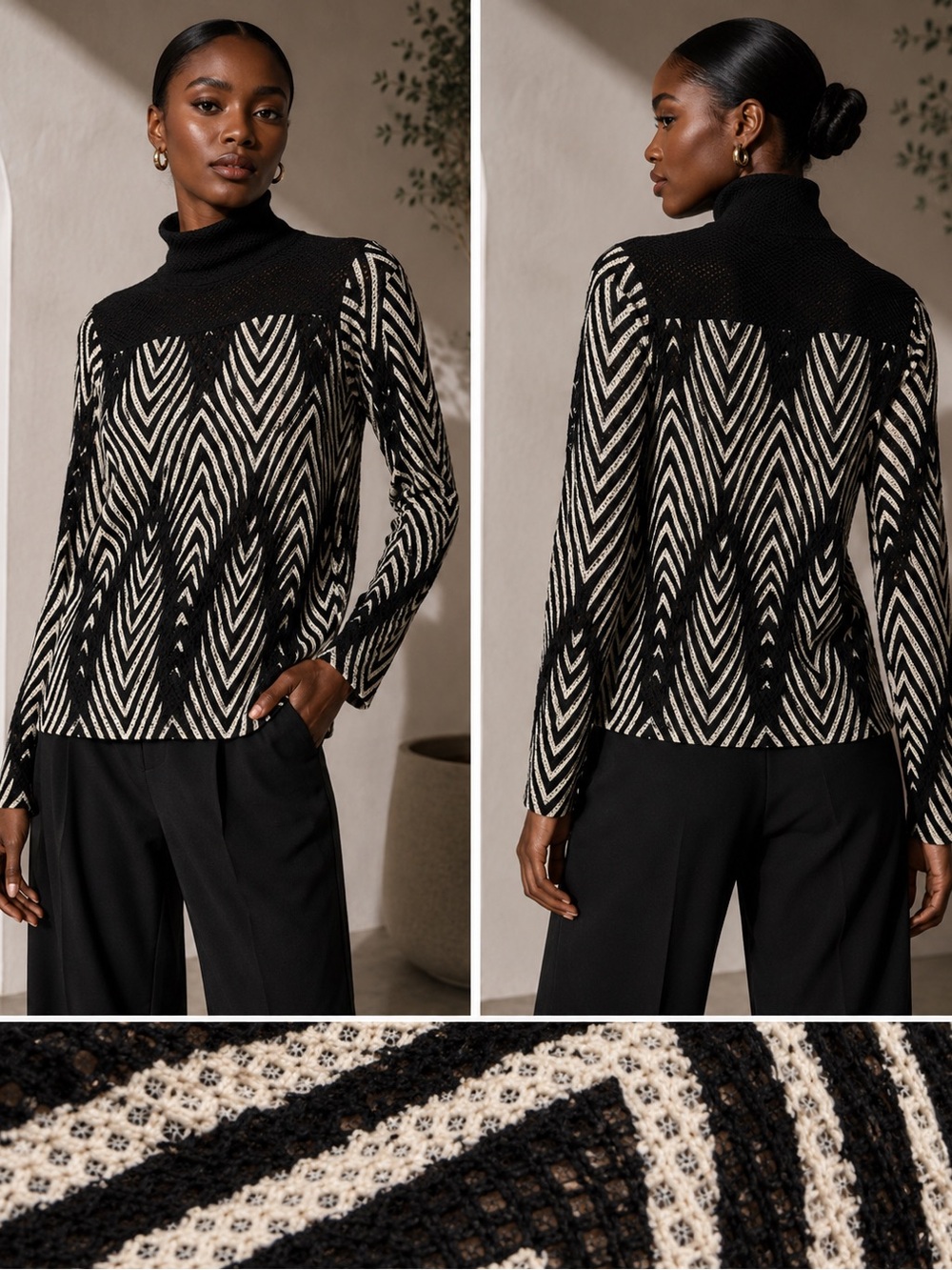 Chevron-Pattern Turtleneck Sweater in Black and Cream